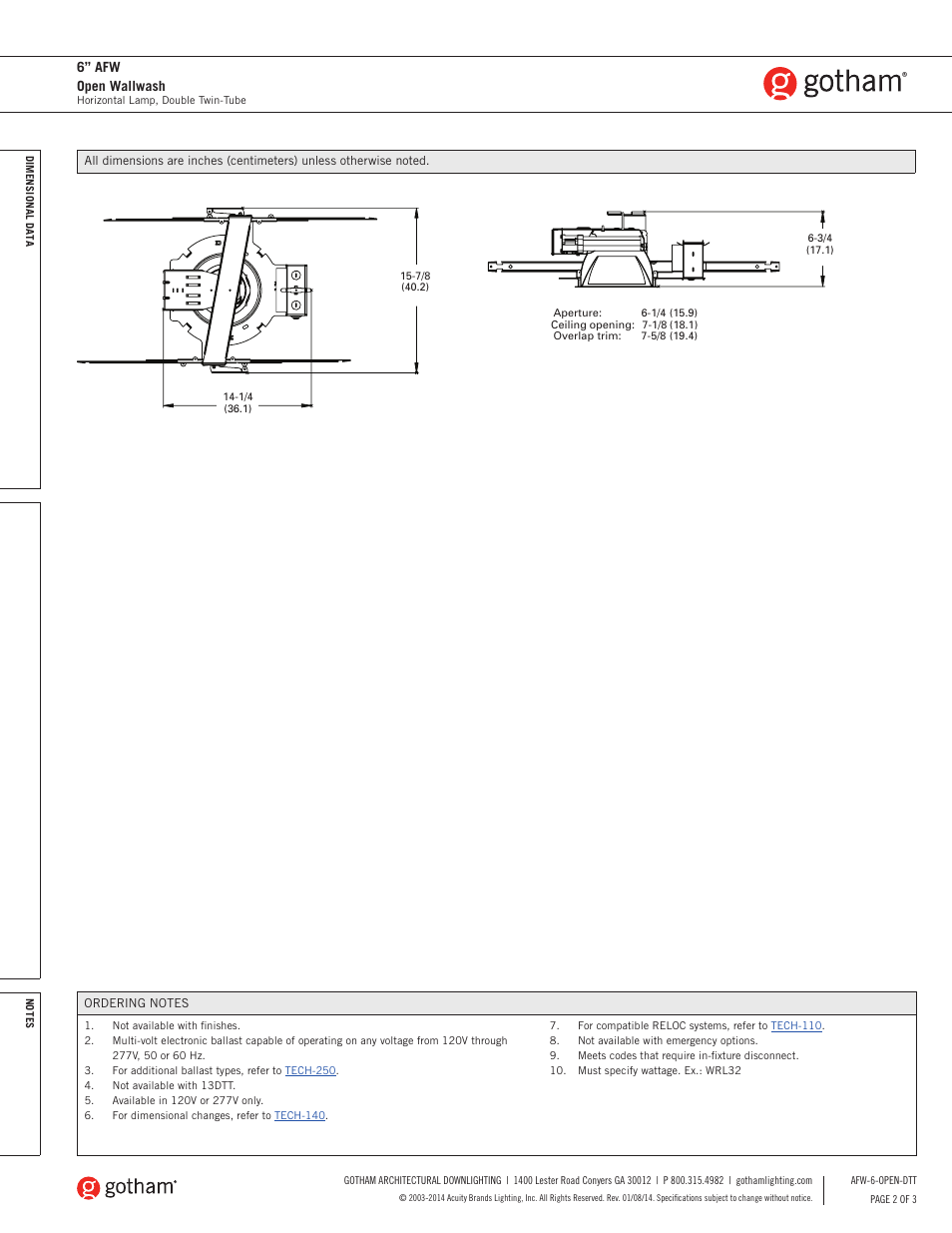 6” afw open wallwash | Gotham 6 AFW Open Wallwash DTT SpecSheet User Manual | Page 2 / 3