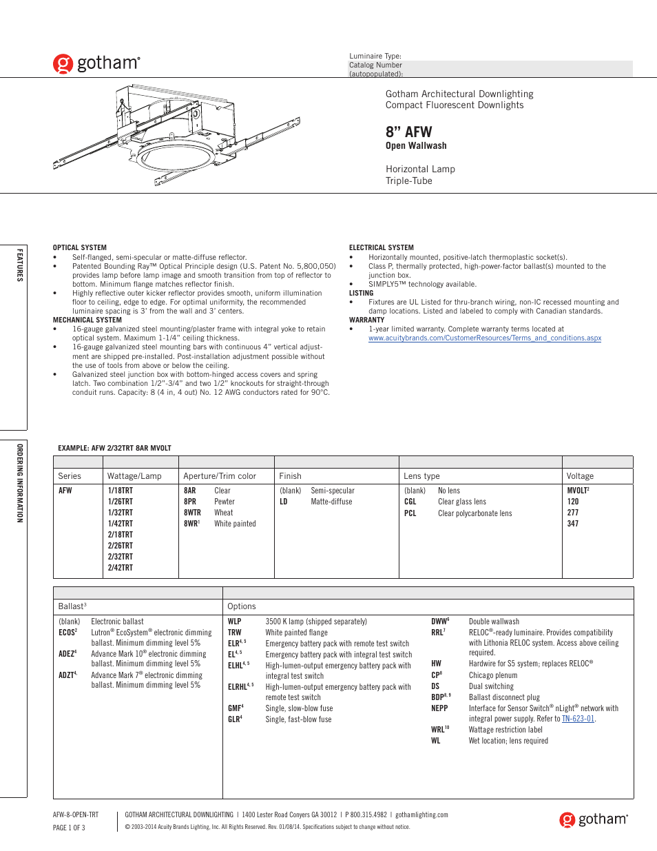 Gotham 8 AFW Open Wallwash TRT SpecSheet User Manual | 3 pages