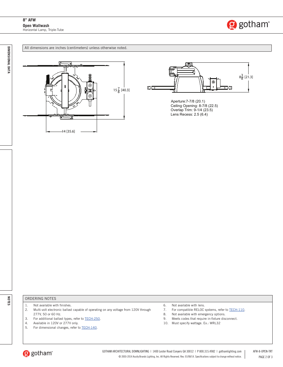 8” afw open wallwash | Gotham 8 AFW Open Wallwash TRT SpecSheet User Manual | Page 2 / 3