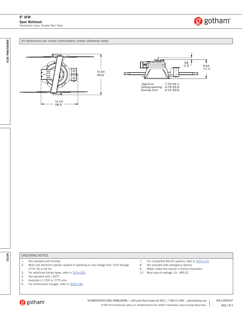 8” afw open wallwash | Gotham 8 AFW Open Wallwash DTT SpecSheet User Manual | Page 2 / 4