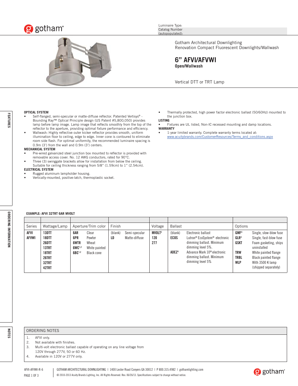 Gotham 6 AFVI_AFVWI Open_Wallwash SpecSheet User Manual | 3 pages