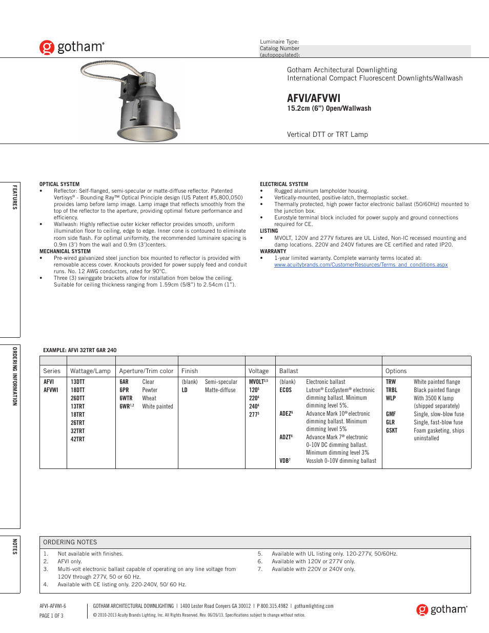 Gotham AFVI_AFVWI 15.2cm (6) Open_Wallwash SpecSheet User Manual | 3 pages