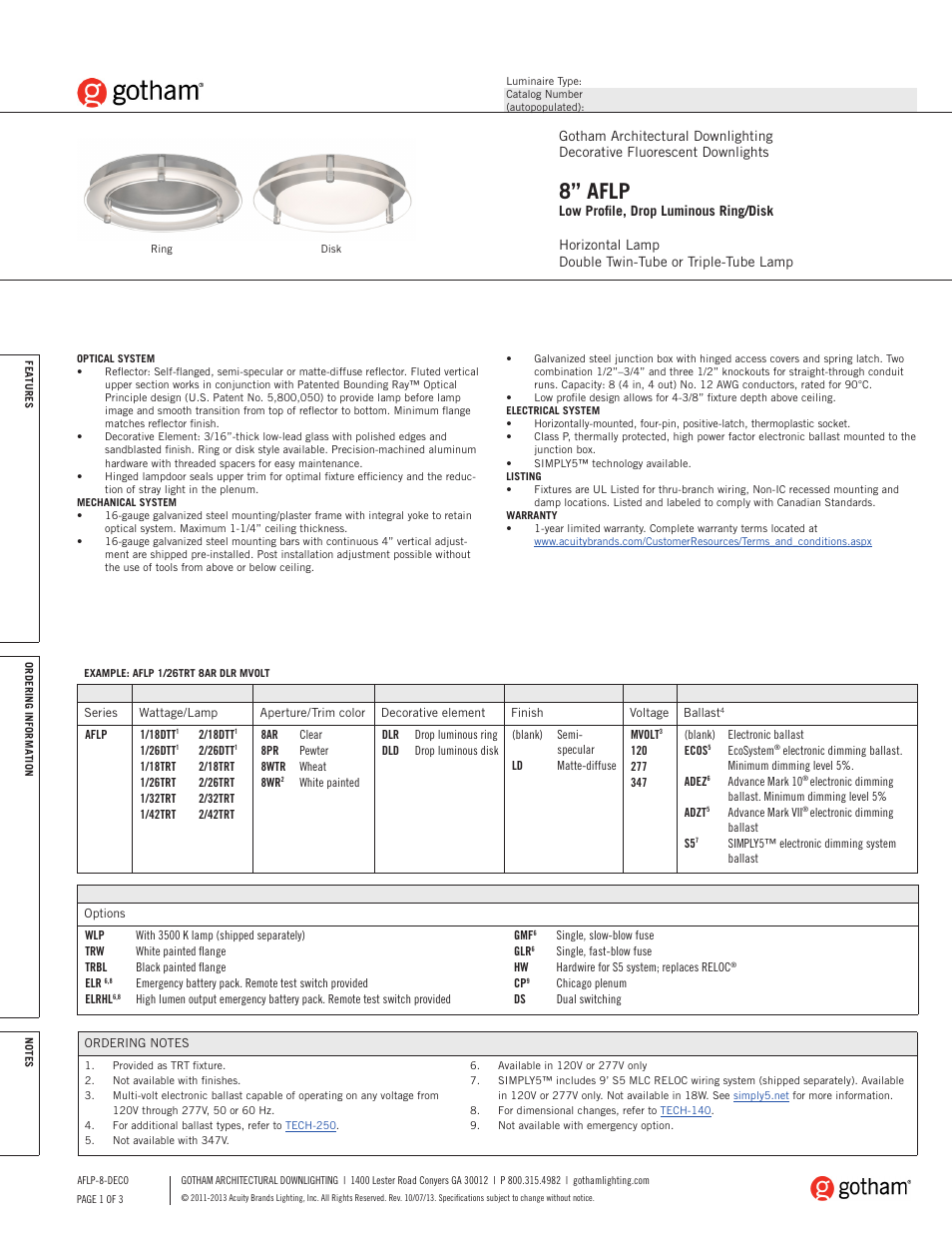 Gotham 8 AFLP Low Profile, Drop Luminous Ring_Disk SpecSheet User Manual | 3 pages