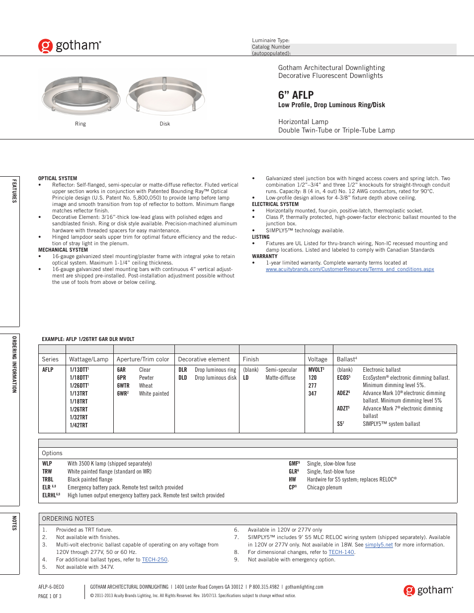 Gotham 6 AFLP Low Profile, Drop Luminous Ring_Disk SpecSheet User Manual | 3 pages