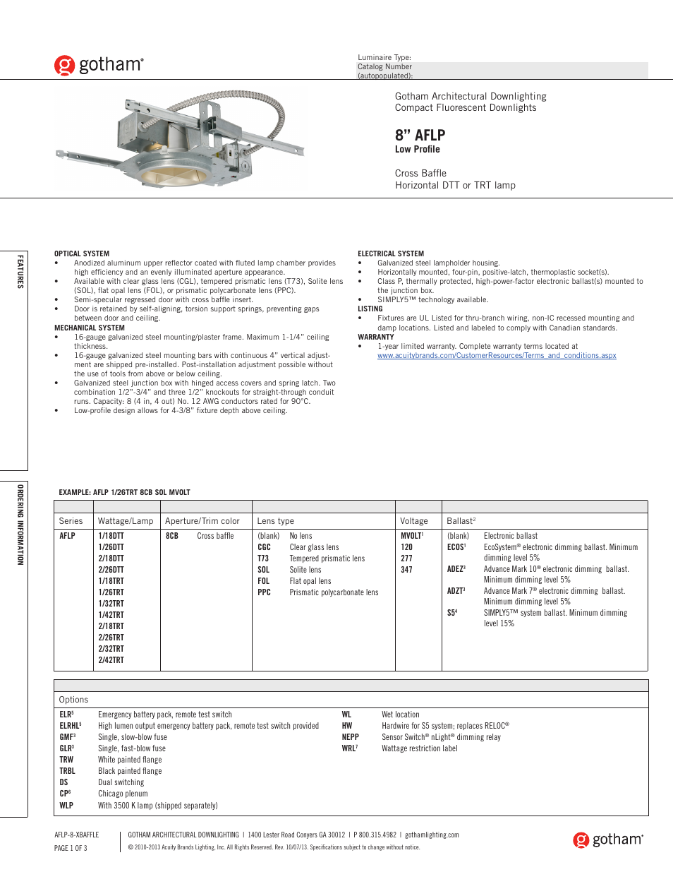 Gotham 8 AFLP Low Profile Cross Baffle SpecSheet User Manual | 3 pages