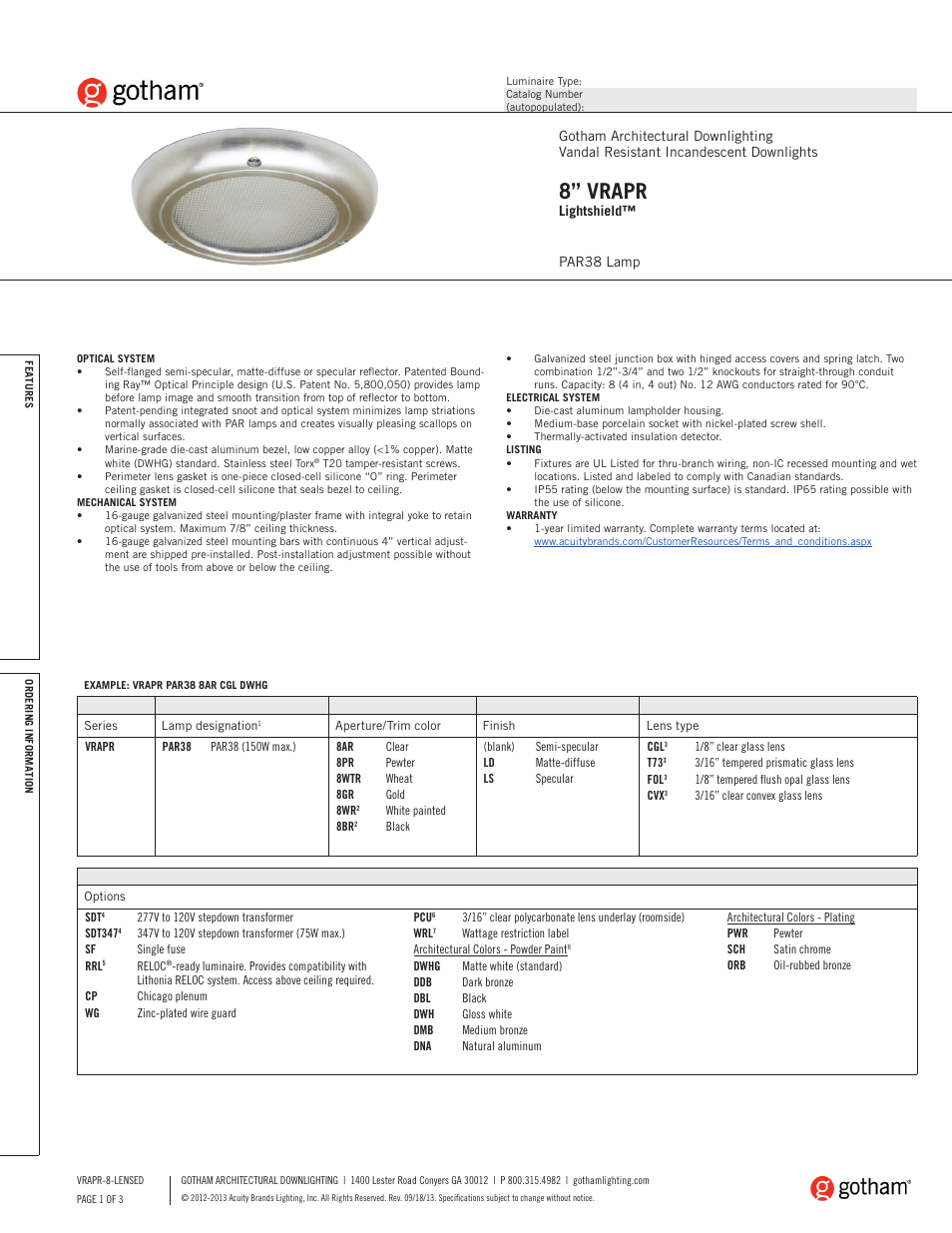 Gotham 8 VRAPR Lightshield SpecSheet User Manual | 3 pages