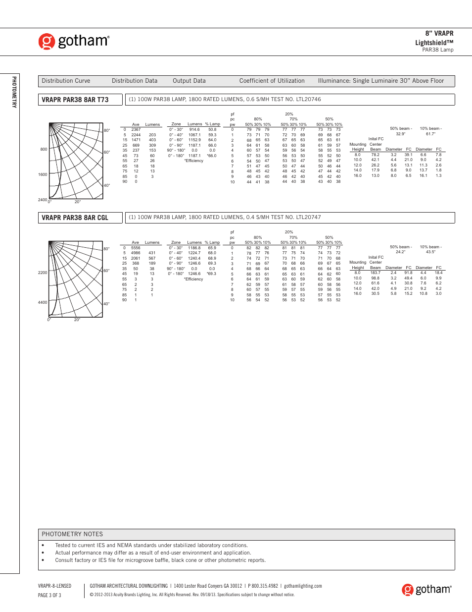 8” vrapr lightshield, Vrapr par38 8ar cgl | Gotham 8 VRAPR Lightshield SpecSheet User Manual | Page 3 / 3