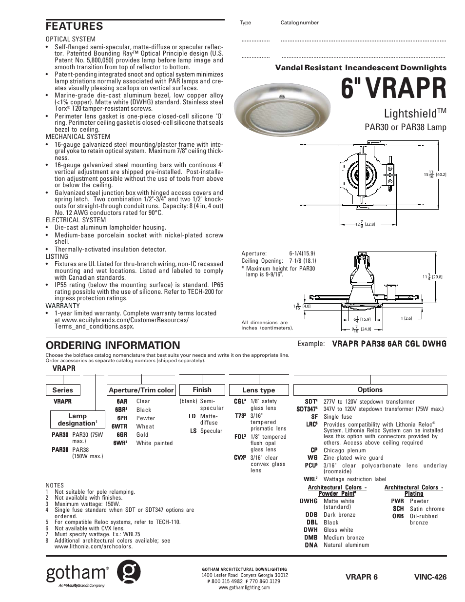 Gotham 6 VRAPR Lightshield (VINC-426) SpecSheet User Manual | 2 pages