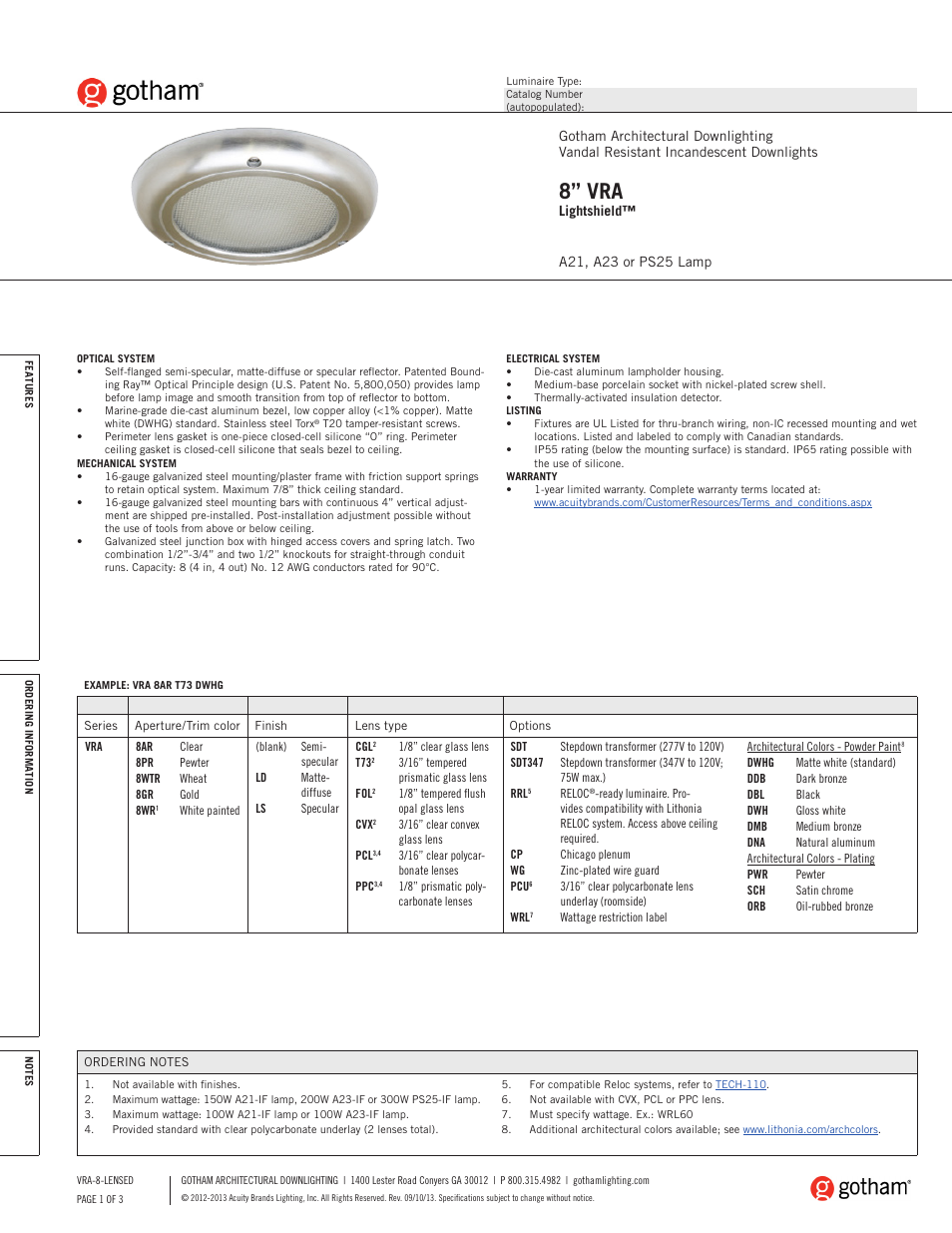 Gotham 8 VRA Lightshield SpecSheet User Manual | 3 pages