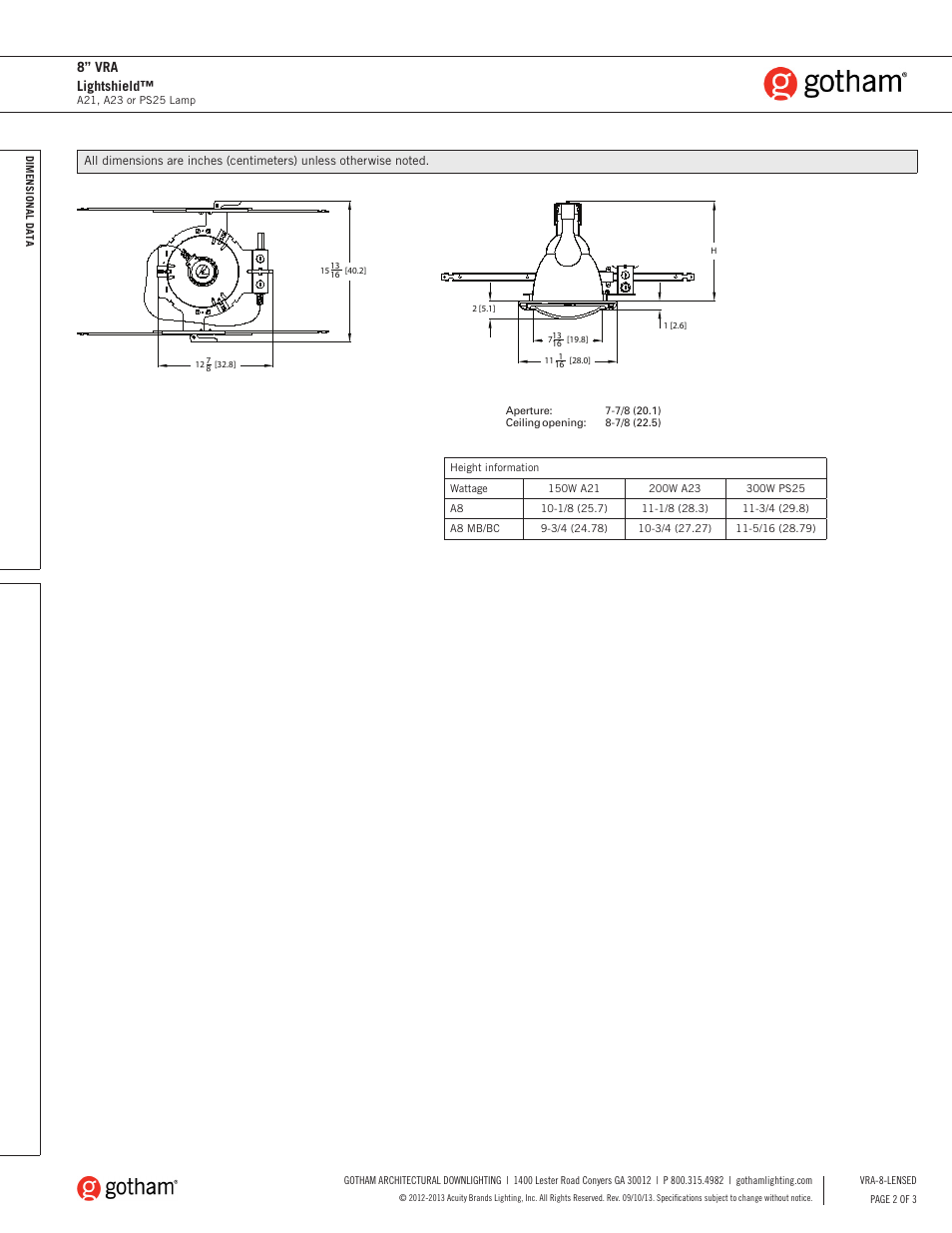 8” vra lightshield | Gotham 8 VRA Lightshield SpecSheet User Manual | Page 2 / 3