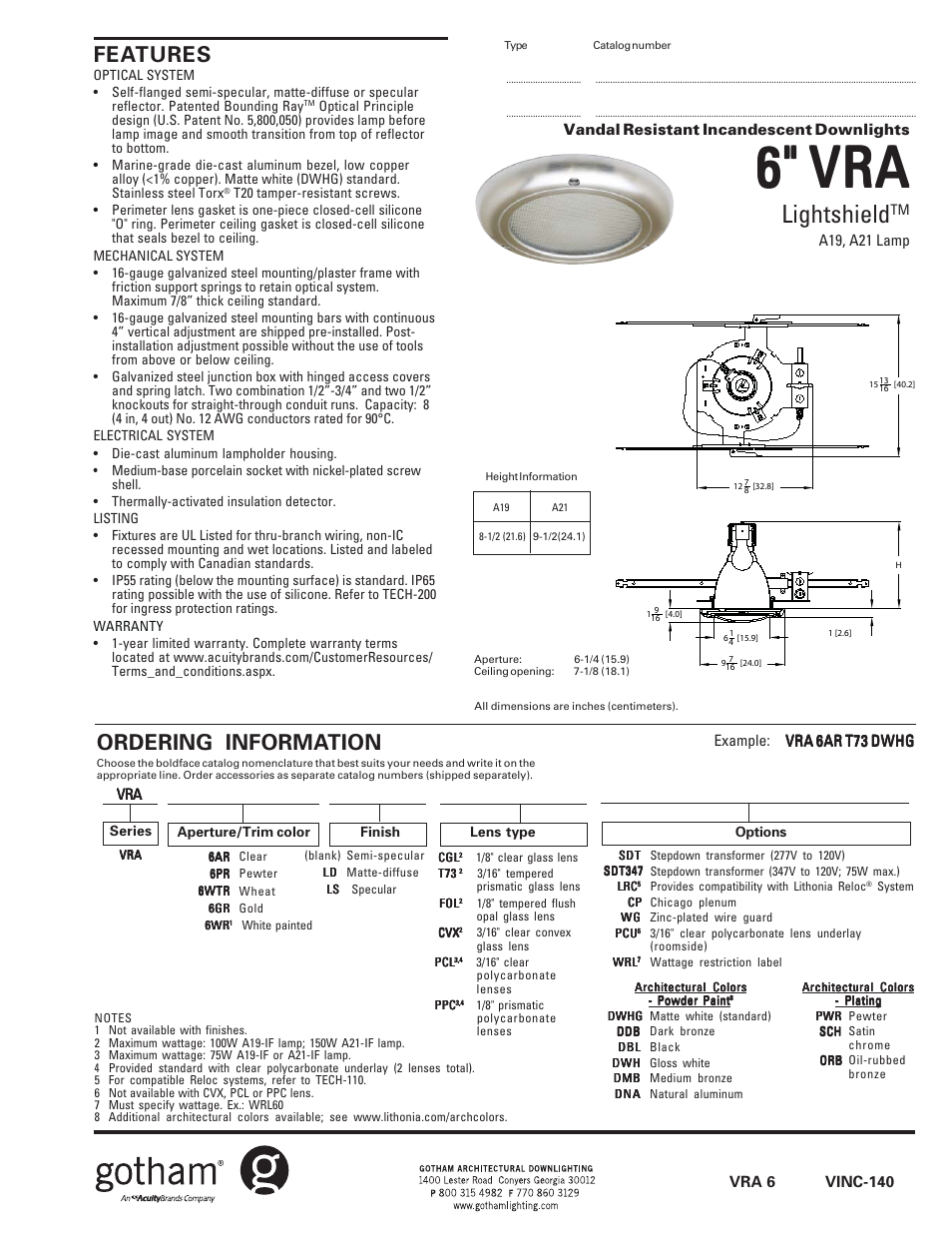 Gotham 6 VRA Lightshield (VINC-140) SpecSheet User Manual | 2 pages