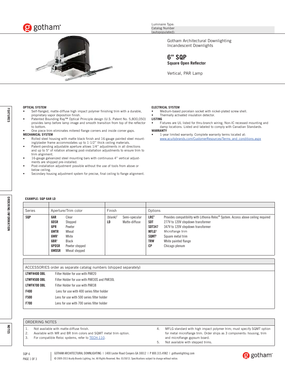 Gotham 6 SQP Square Open Reflector SpecSheet User Manual | 3 pages