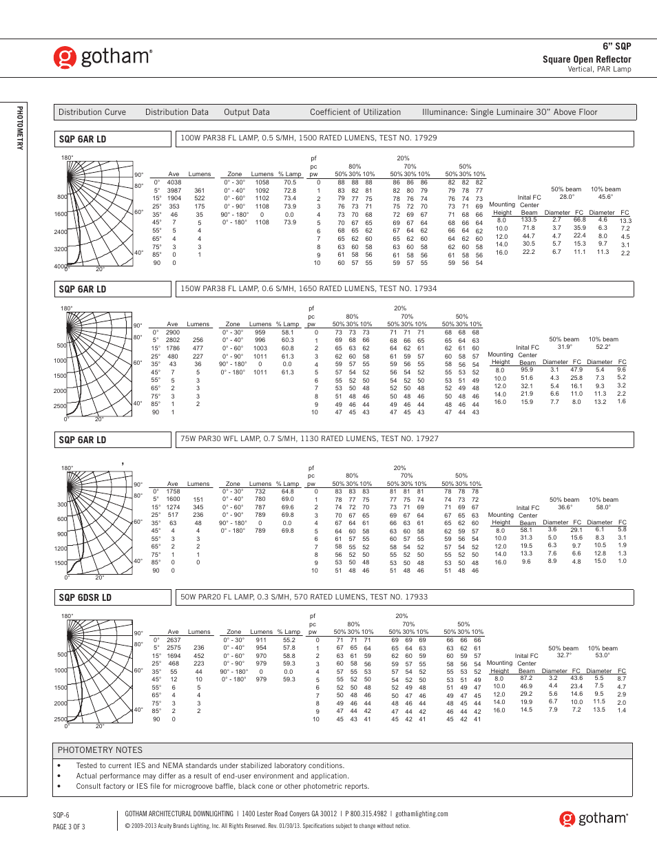 6” sqp square open reflector, Sqp 6ar ld, Sqp 6dsr ld | Gotham 6 SQP Square Open Reflector SpecSheet User Manual | Page 3 / 3