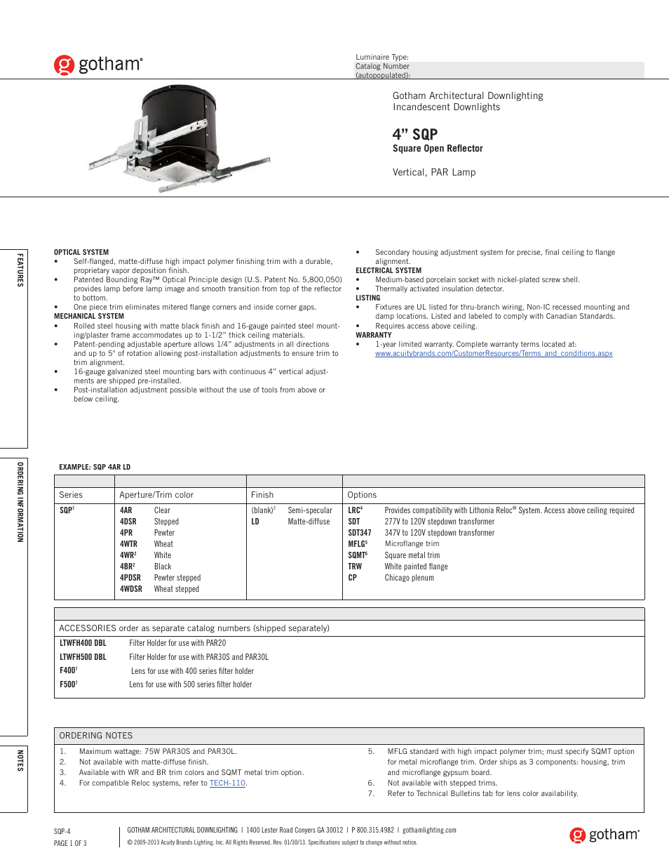 Gotham 4 SQP Square Open Reflector SpecSheet User Manual | 3 pages