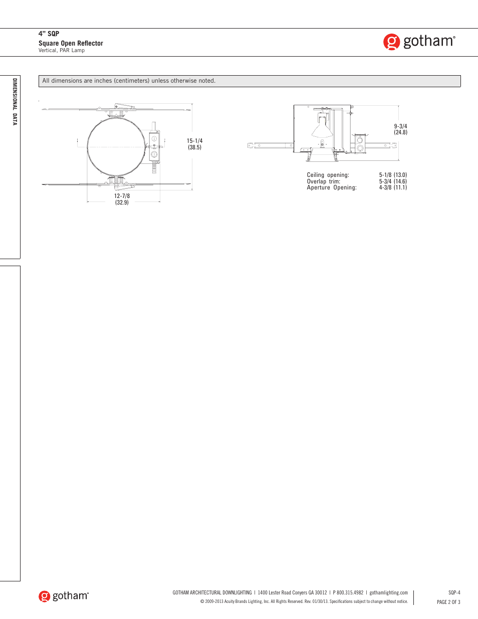 Gotham 4 SQP Square Open Reflector SpecSheet User Manual | Page 2 / 3