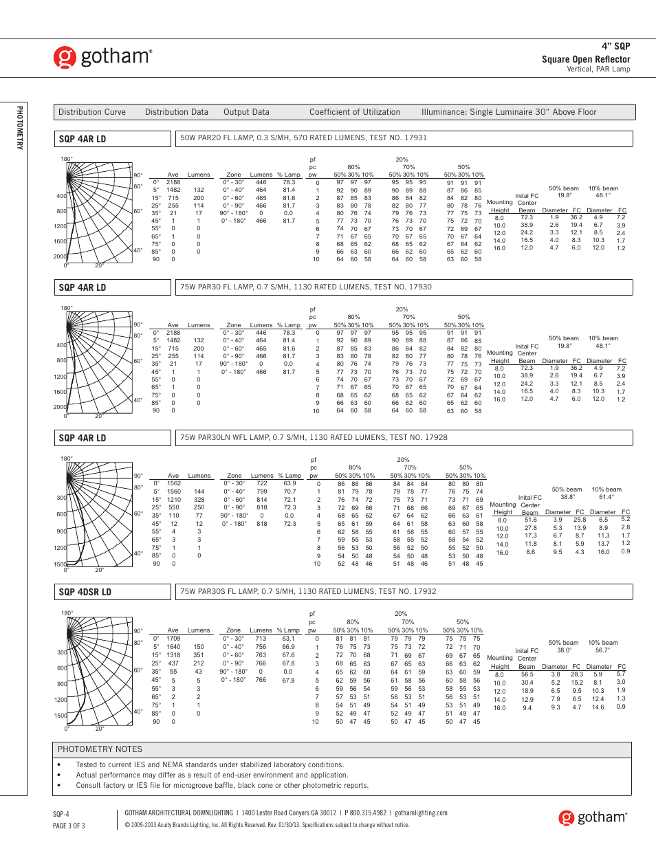 4” sqp square open reflector, Sqp 4ar ld, Sqp 4dsr ld | Gotham 4 SQP Square Open Reflector SpecSheet User Manual | Page 3 / 3