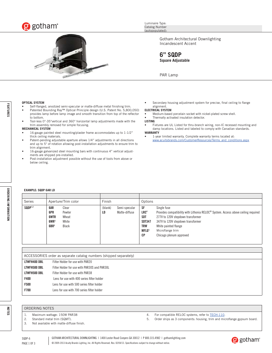 Gotham 6 SQDP Square Adjustable SpecSheet User Manual | 3 pages