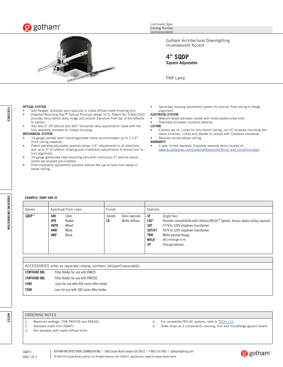 Gotham 4 SQDP Square Adjustable SpecSheet User Manual | 3 pages