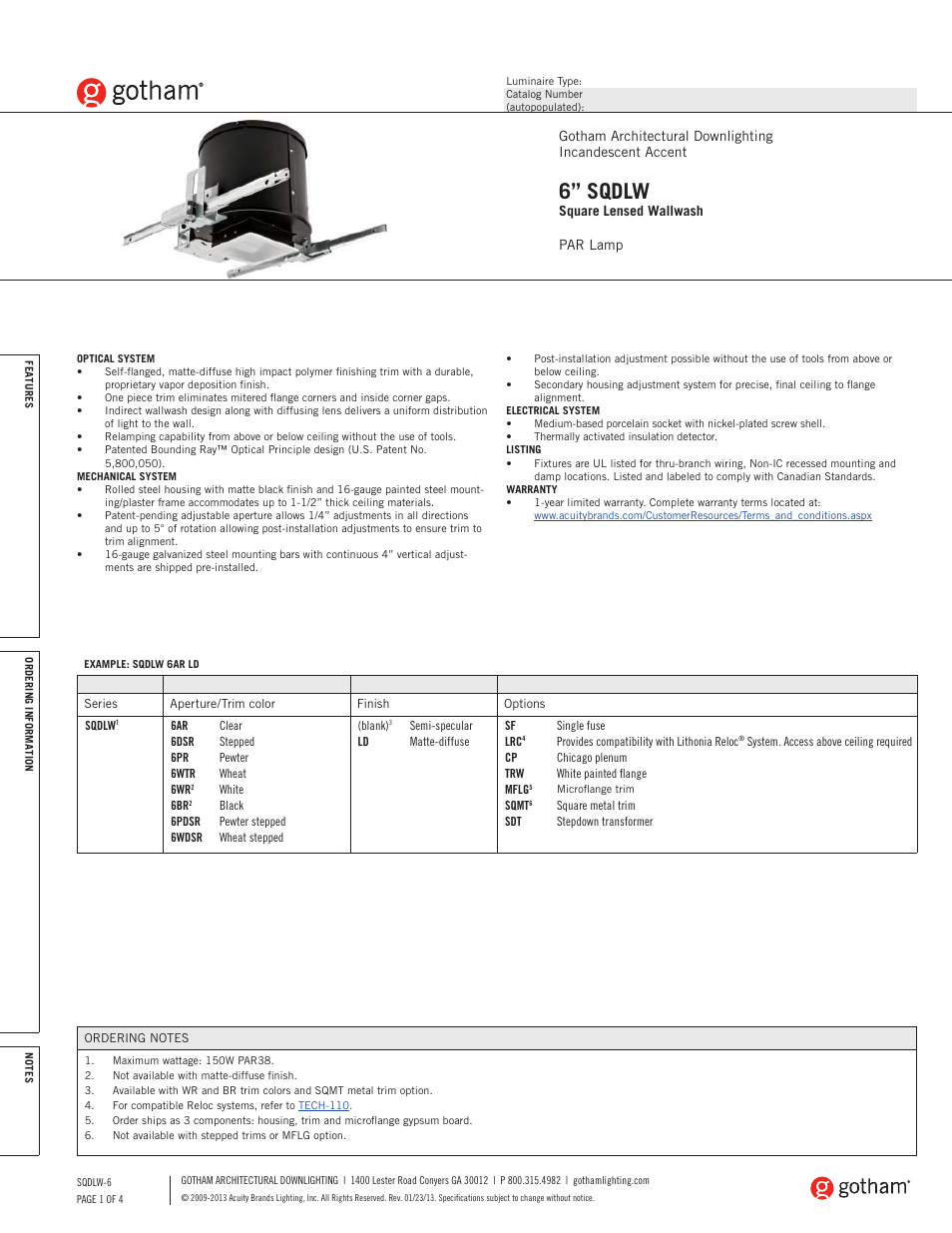 Gotham 6 SQDLW Square Lensed Wallwash SpecSheet User Manual | 4 pages