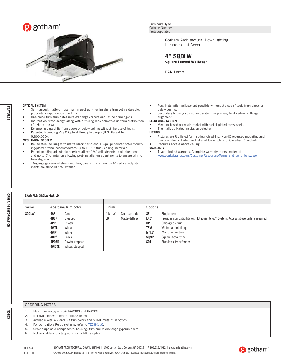 Gotham 4 SQDLW Square Lensed Wallwash SpecSheet User Manual | 3 pages