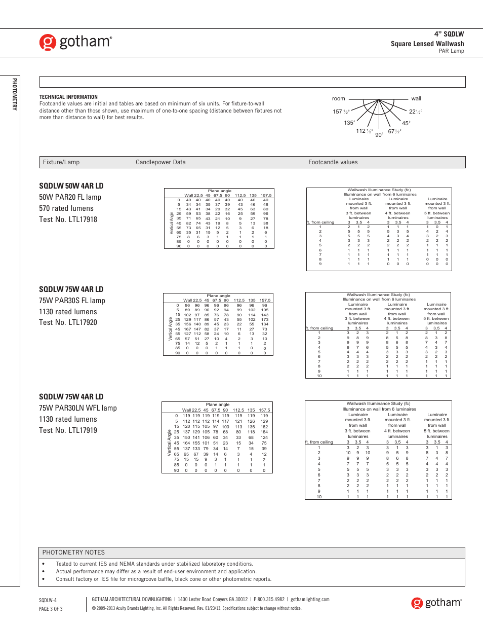 4” sqdlw square lensed wallwash, Fixture/lamp candlepower data footcandle values, Room wall 90 | Gotham 4 SQDLW Square Lensed Wallwash SpecSheet User Manual | Page 3 / 3