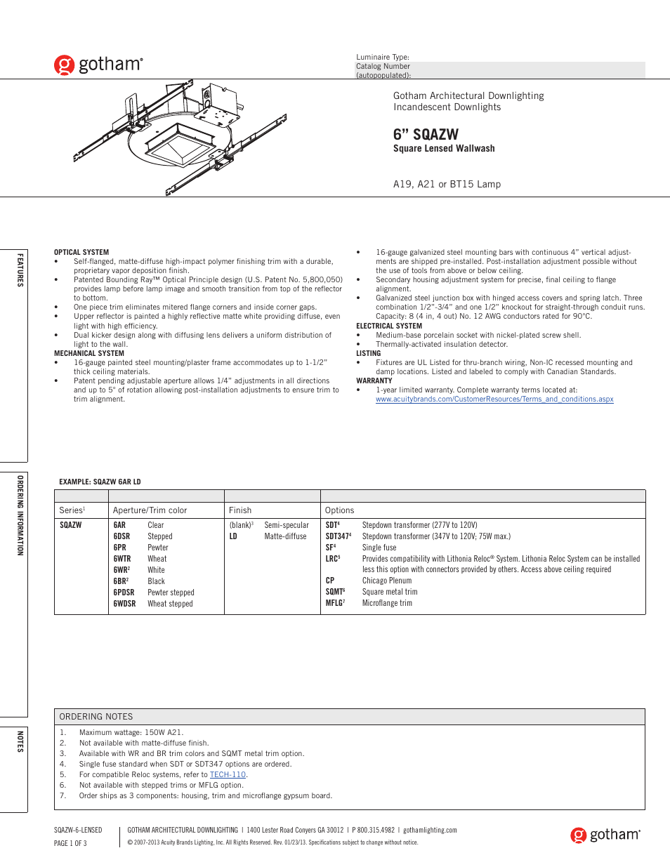 Gotham 6 SQAZW Square Lensed Wallwash SpecSheet User Manual | 3 pages