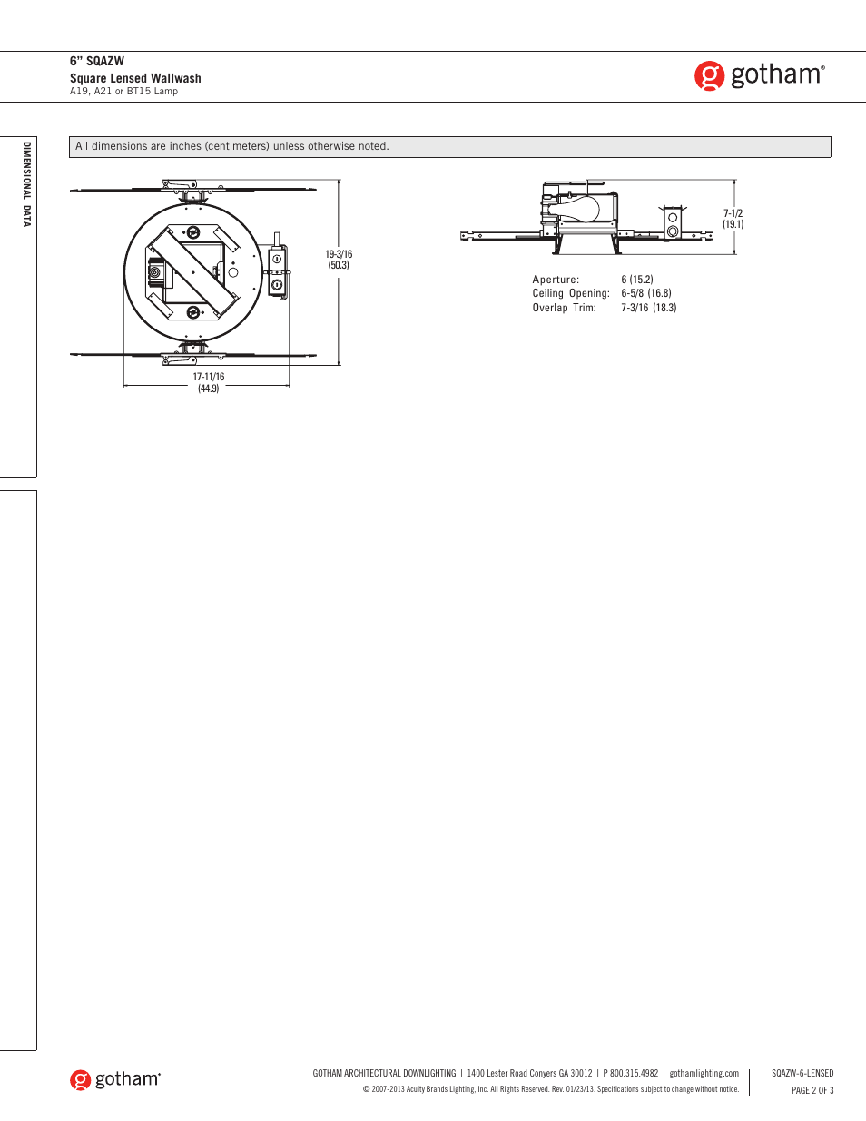 Gotham 6 SQAZW Square Lensed Wallwash SpecSheet User Manual | Page 2 / 3