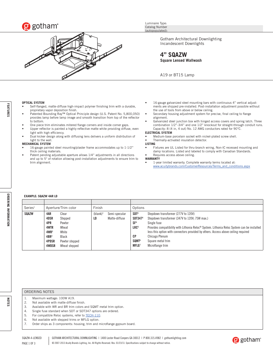 Gotham 4 SQAZW Square Lensed Wallwash SpecSheet User Manual | 3 pages