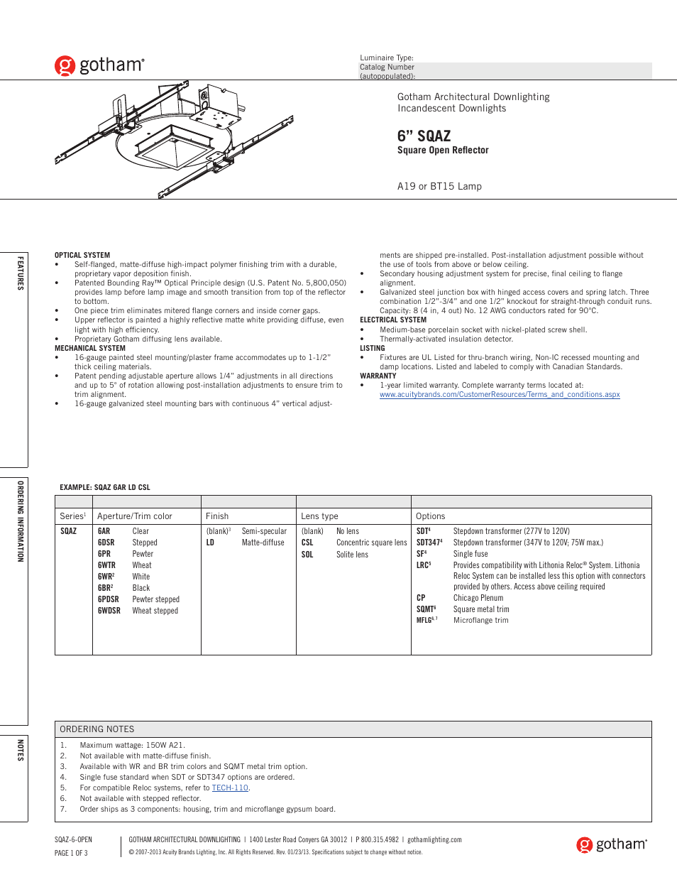 Gotham 6 SQAZ Square Open Reflector SpecSheet User Manual | 3 pages