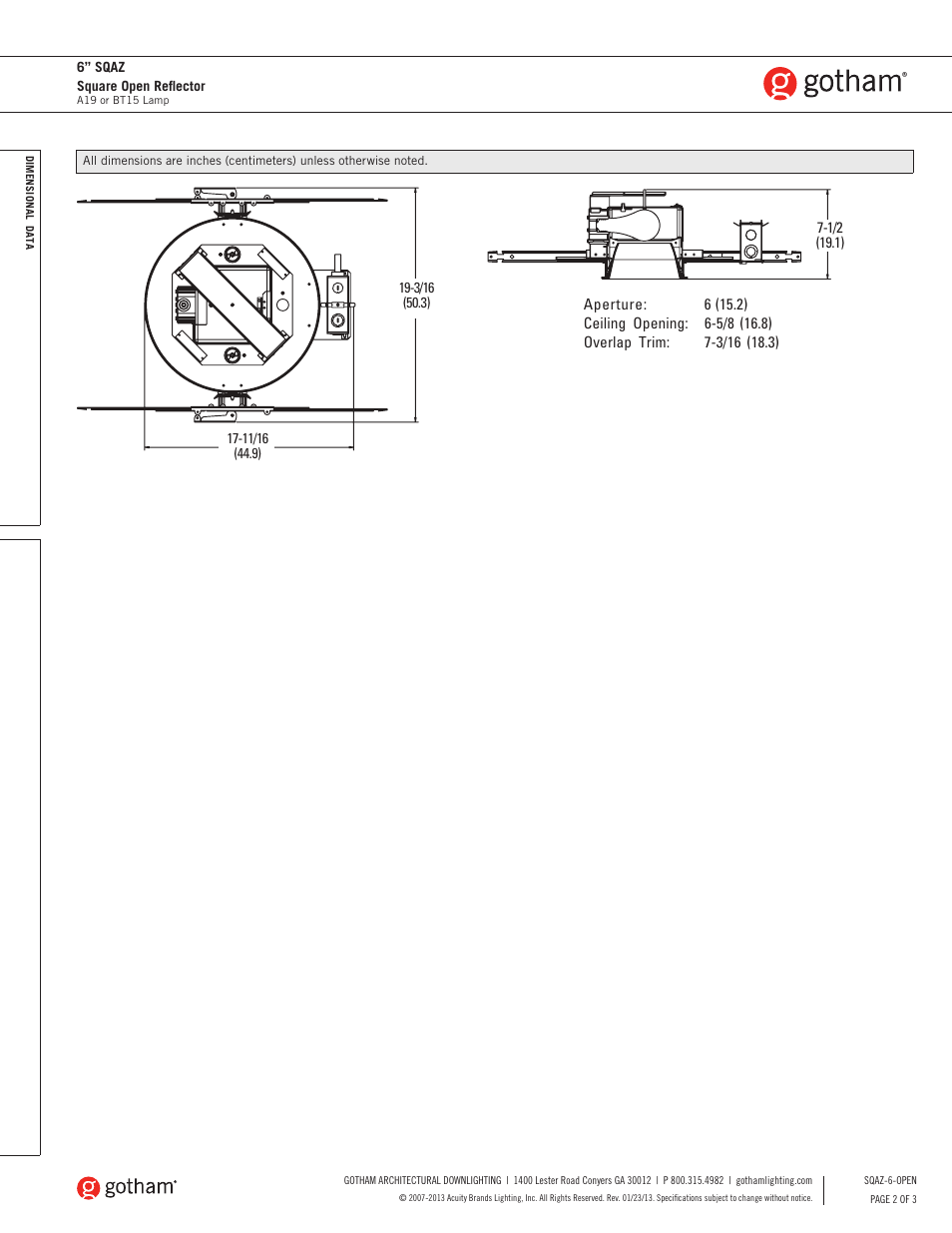 Gotham 6 SQAZ Square Open Reflector SpecSheet User Manual | Page 2 / 3