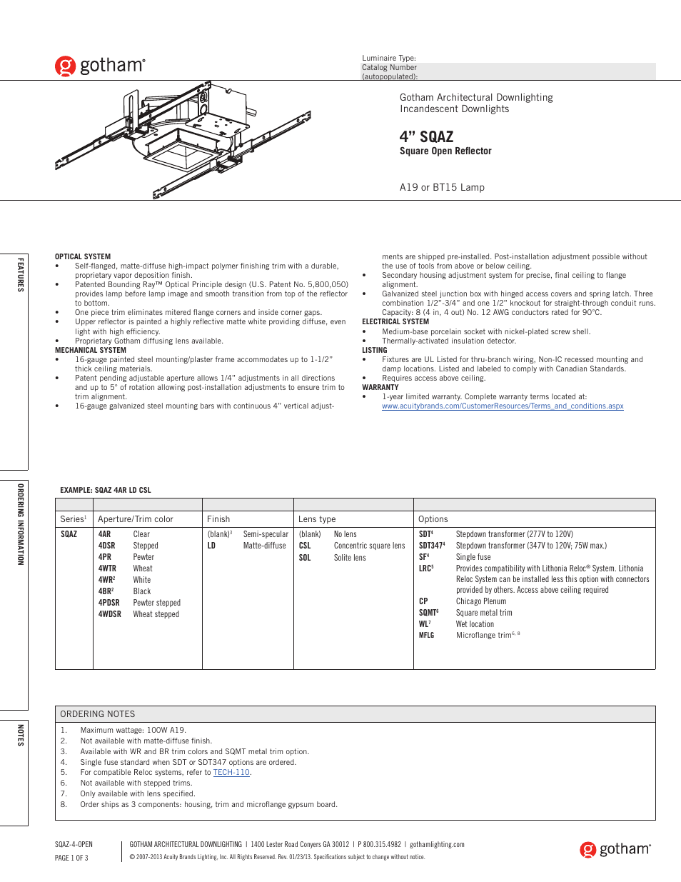 Gotham 4 SQAZ Square Open Reflector SpecSheet User Manual | 3 pages