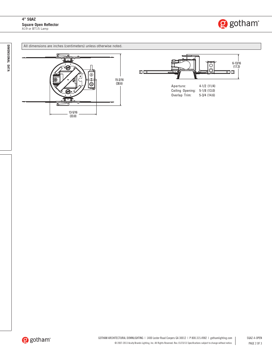 Gotham 4 SQAZ Square Open Reflector SpecSheet User Manual | Page 2 / 3