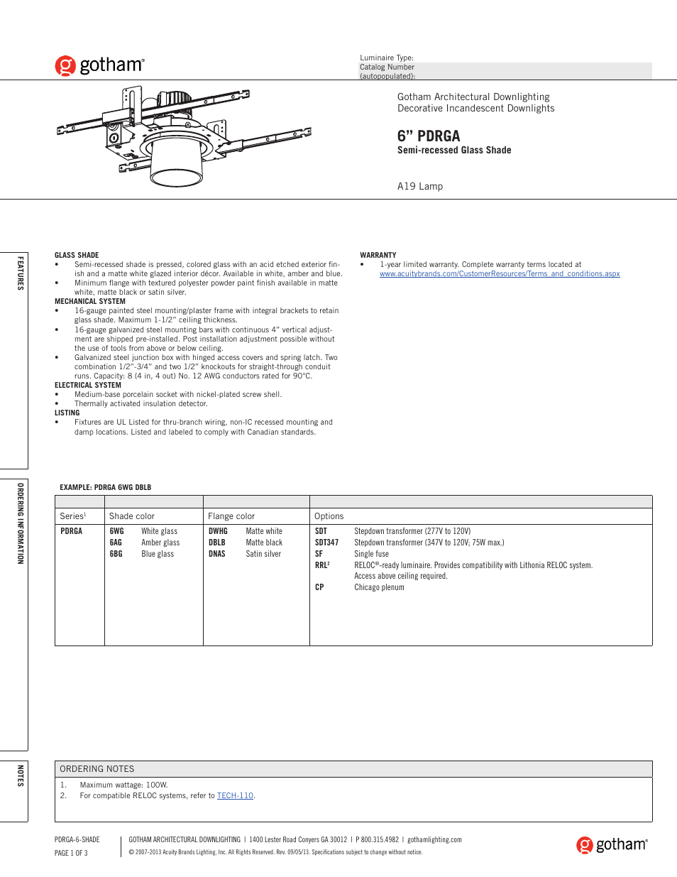 Gotham 6 PDRGA Semi-recessed Glass Shade SpecSheet User Manual | 3 pages