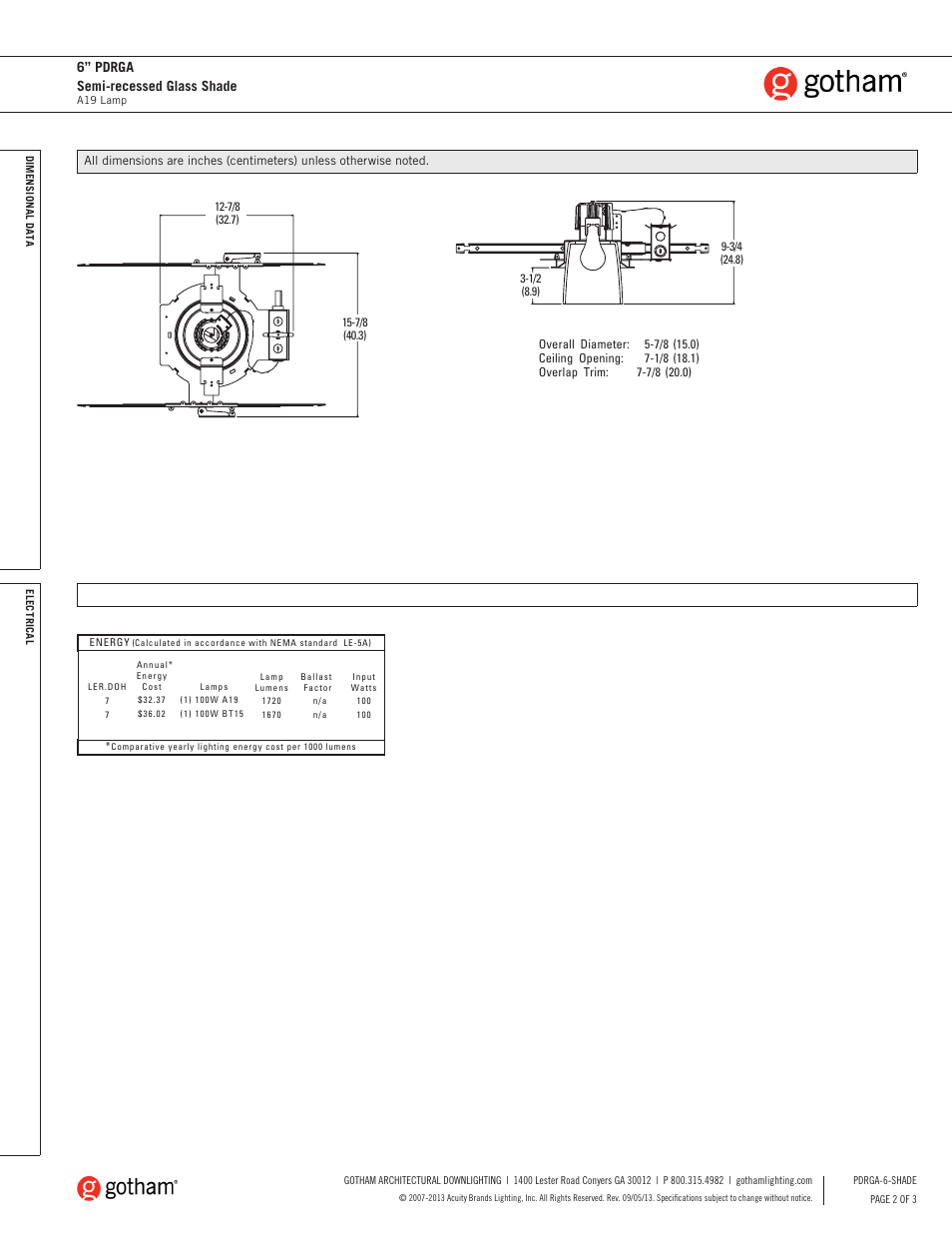 6” pdrga semi-recessed glass shade | Gotham 6 PDRGA Semi-recessed Glass Shade SpecSheet User Manual | Page 2 / 3