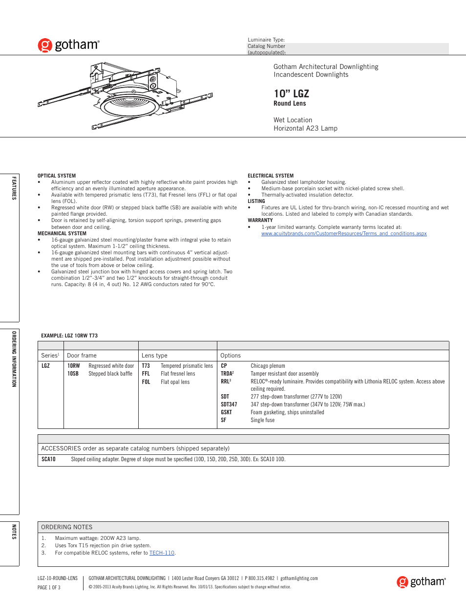 Gotham 10 LGZ Round Lens SpecSheet User Manual | 3 pages
