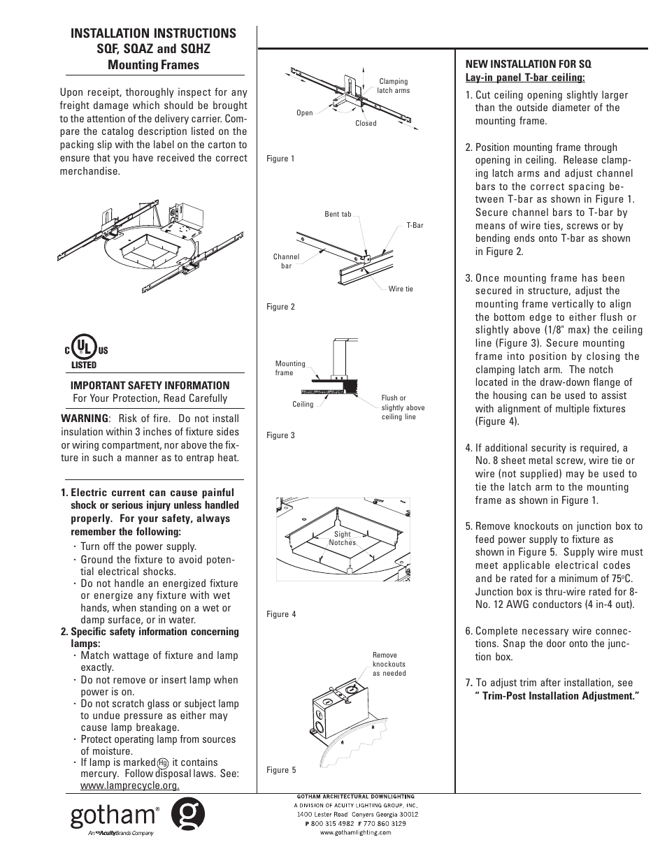 Gotham SQHZ Mounting Frames User Manual | 2 pages