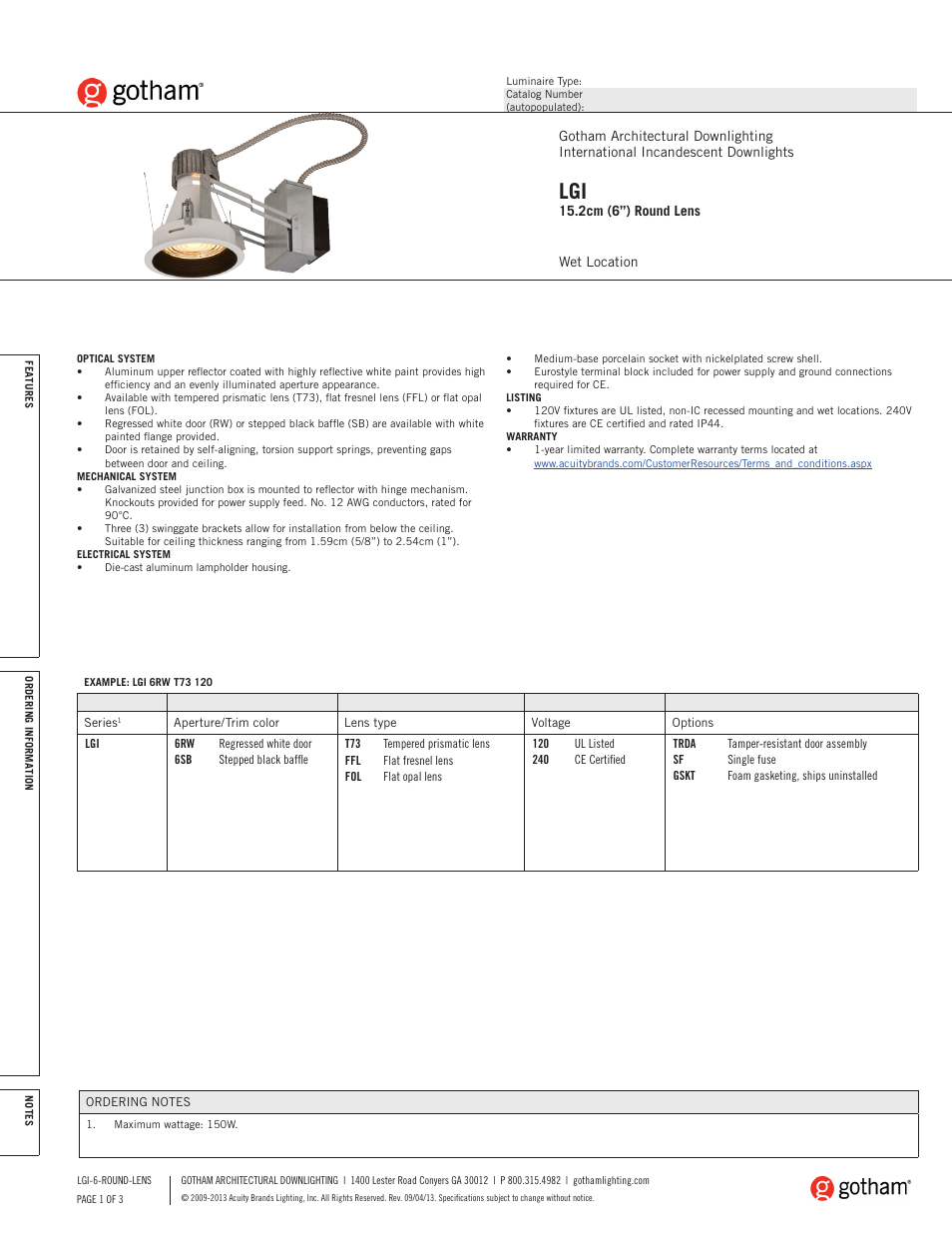 Gotham LGI 15.2cm (6) Round Lens SpecSheet User Manual | 3 pages