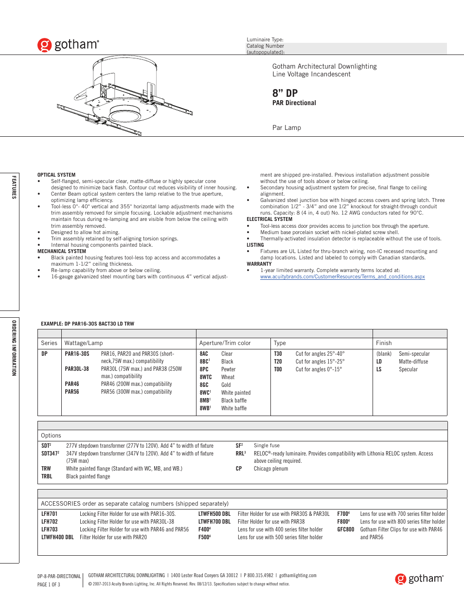 Gotham 8 DP PAR Directional SpecSheet User Manual | 3 pages