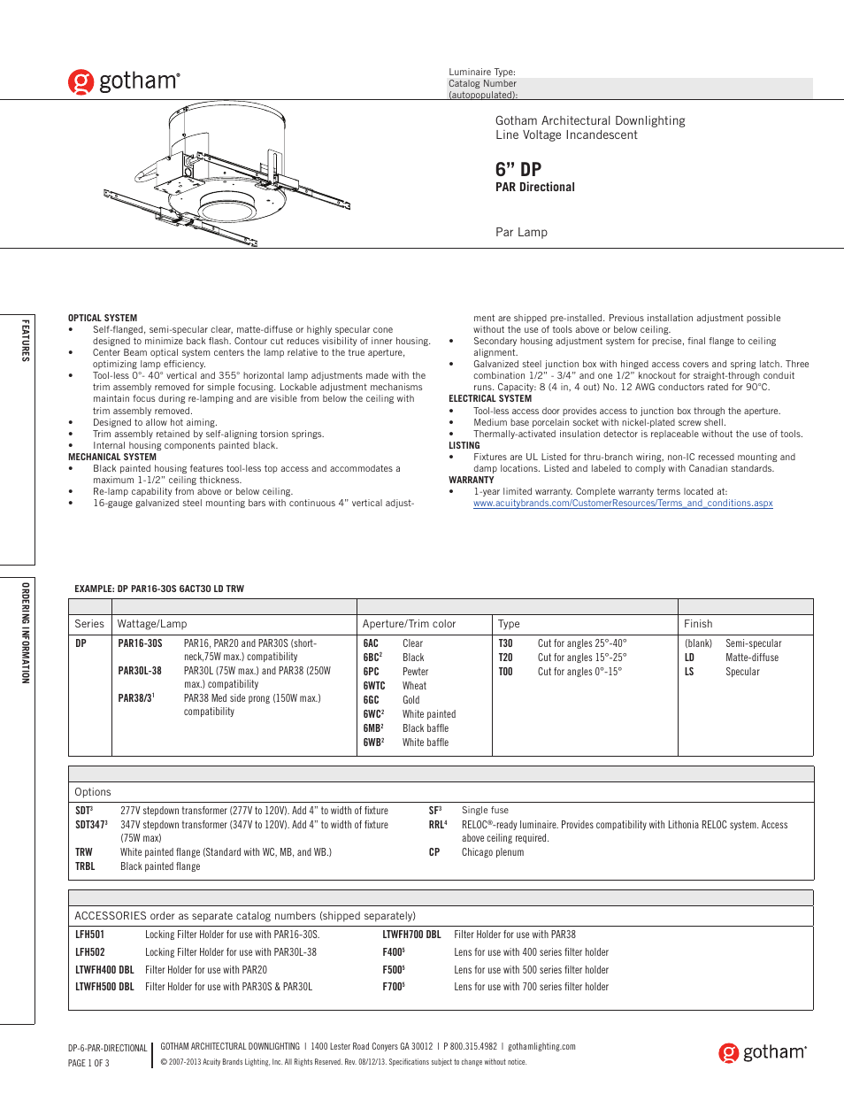 Gotham 6 DP PAR Directional SpecSheet User Manual | 3 pages