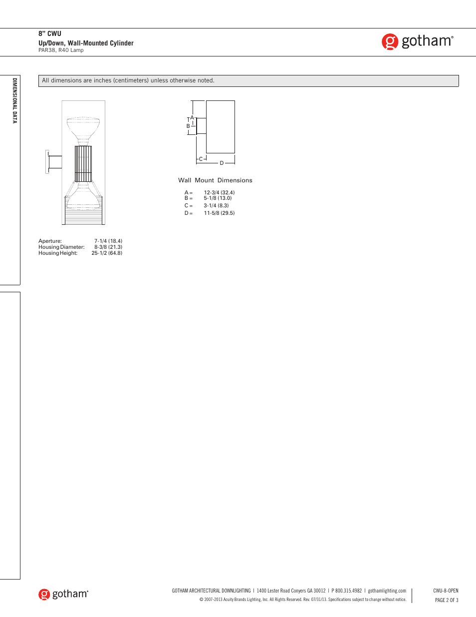 8” cwu up/down, wall-mounted cylinder | Gotham 8 CWU Up_Down, Wall-Mounted Cylinder SpecSheet User Manual | Page 2 / 3