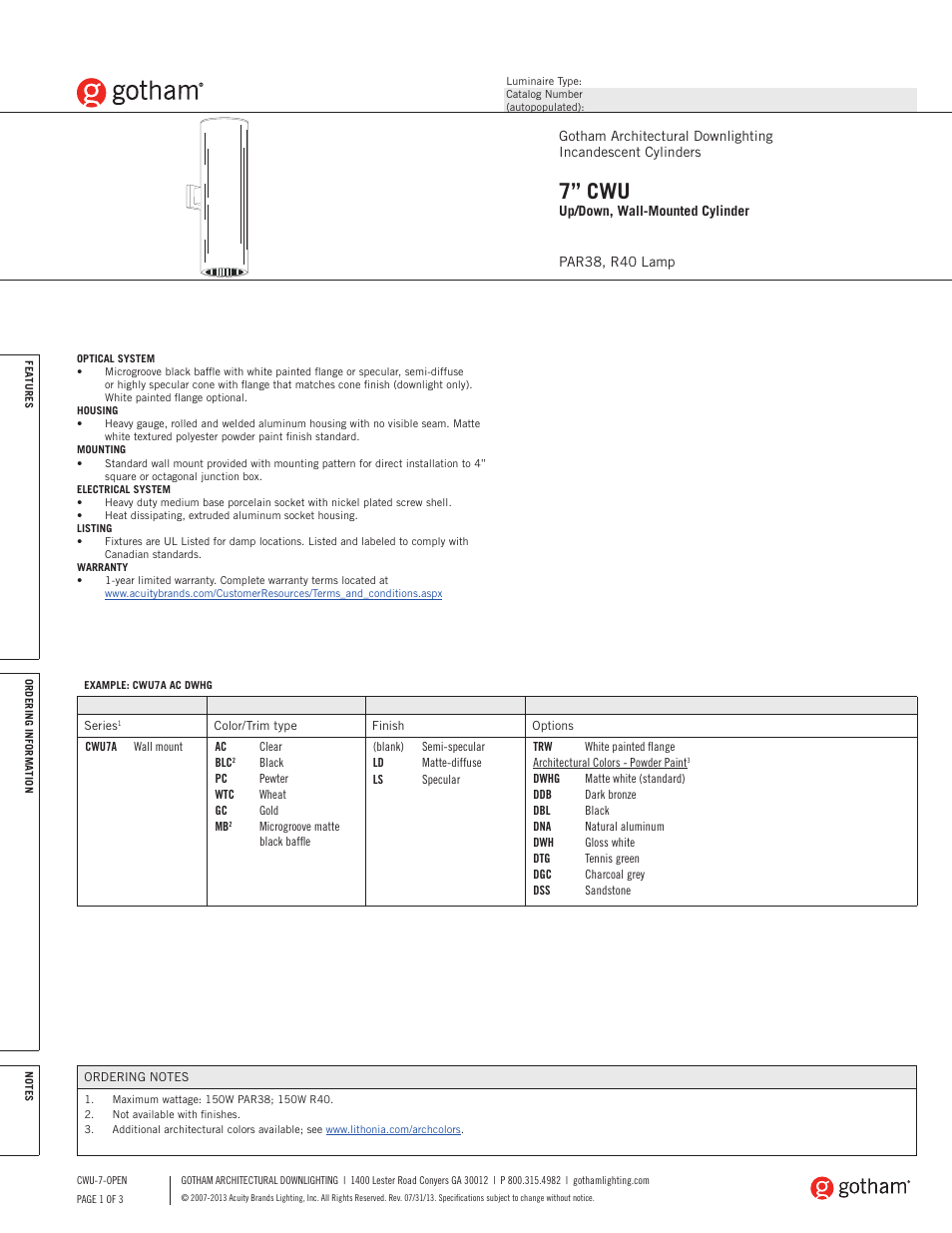 Gotham 7 CWU Up_Down, Wall-Mounted Cylinder SpecSheet User Manual | 3 pages