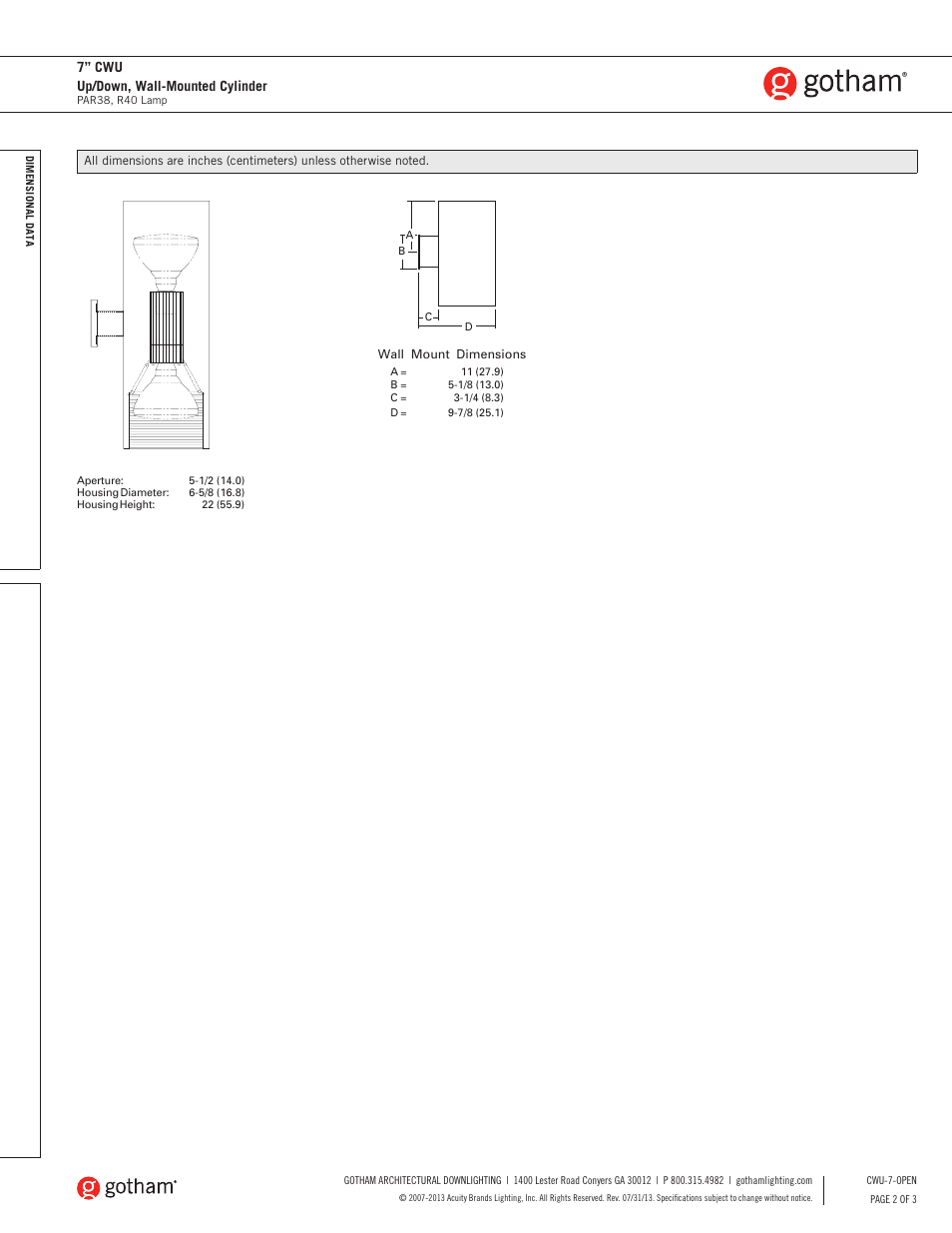7” cwu up/down, wall-mounted cylinder | Gotham 7 CWU Up_Down, Wall-Mounted Cylinder SpecSheet User Manual | Page 2 / 3
