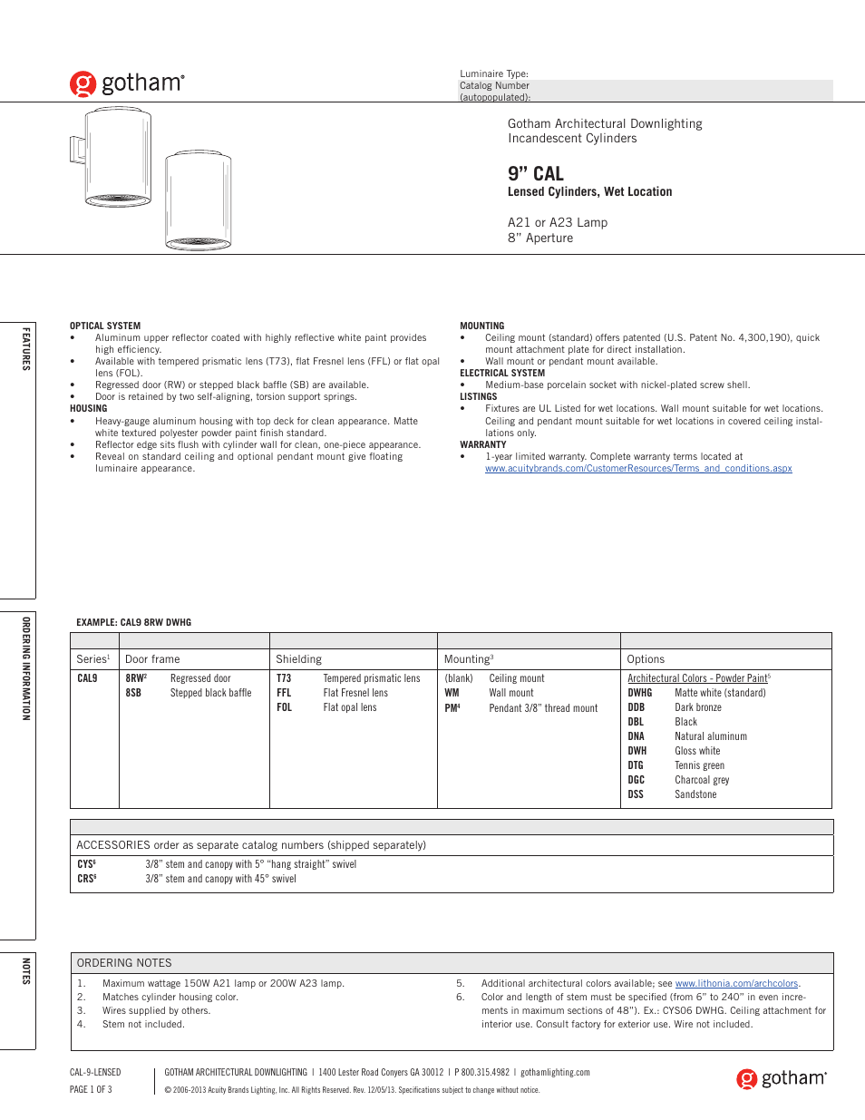 Gotham 9 CAL Lensed Cylinders, Wet Location SpecSheet User Manual | 3 pages
