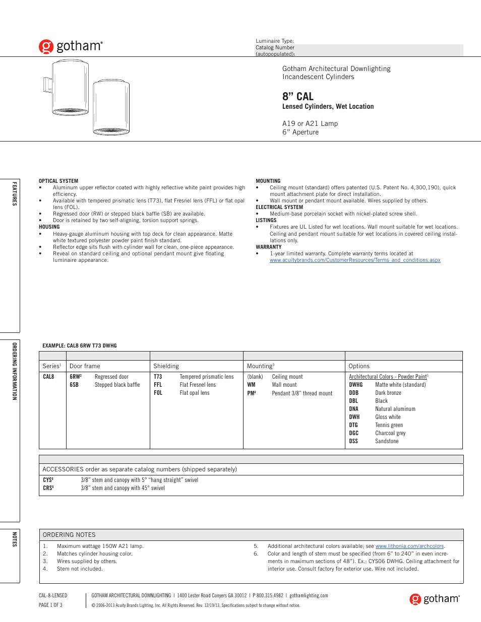 Gotham 8 CAL Lensed Cylinders, Wet Location SpecSheet User Manual | 3 pages