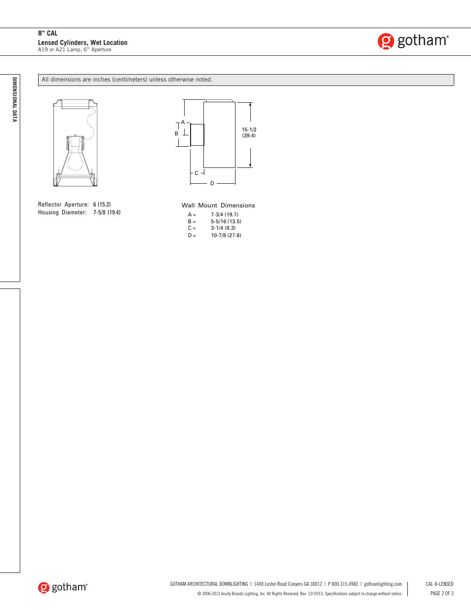 8” cal lensed cylinders, wet location | Gotham 8 CAL Lensed Cylinders, Wet Location SpecSheet User Manual | Page 2 / 3