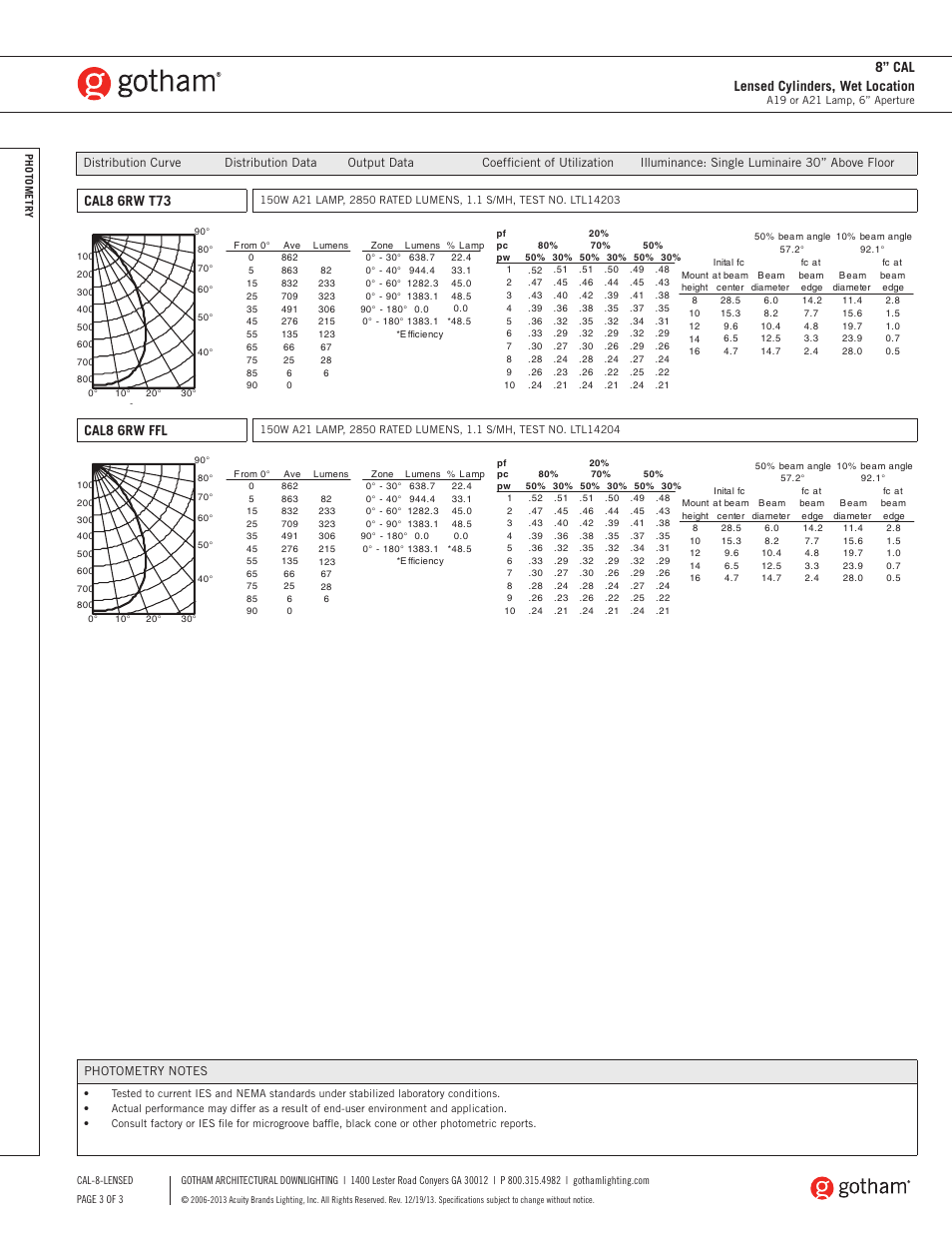 Cal8 6rw t73, Cal8 6rw ffl, 8” cal lensed cylinders, wet location | Gotham 8 CAL Lensed Cylinders, Wet Location SpecSheet User Manual | Page 3 / 3