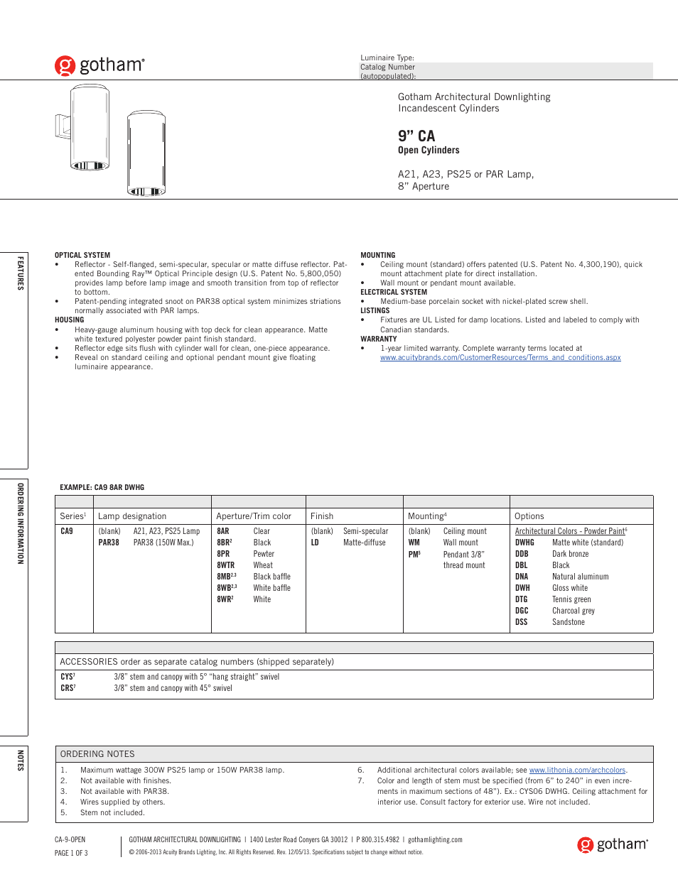 Gotham 9 CA Open Cylinders SpecSheet User Manual | 3 pages