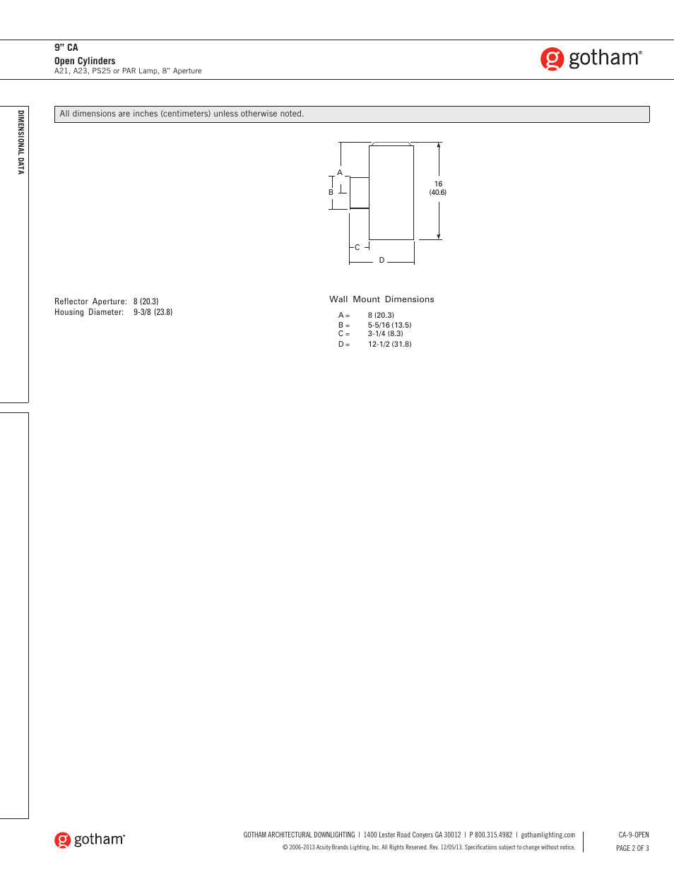 9” ca open cylinders | Gotham 9 CA Open Cylinders SpecSheet User Manual | Page 2 / 3