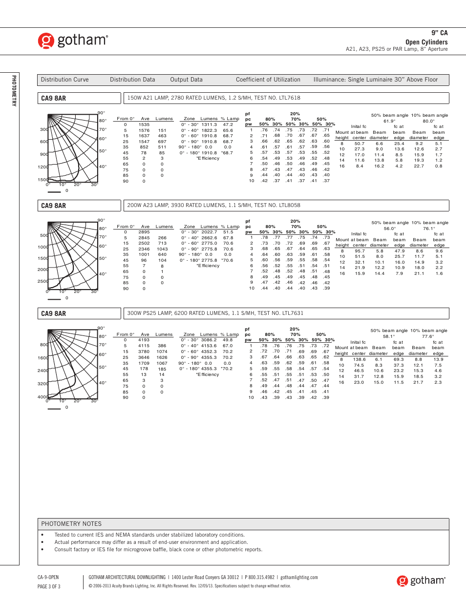 Ca9 8ar, 9” ca open cylinders | Gotham 9 CA Open Cylinders SpecSheet User Manual | Page 3 / 3