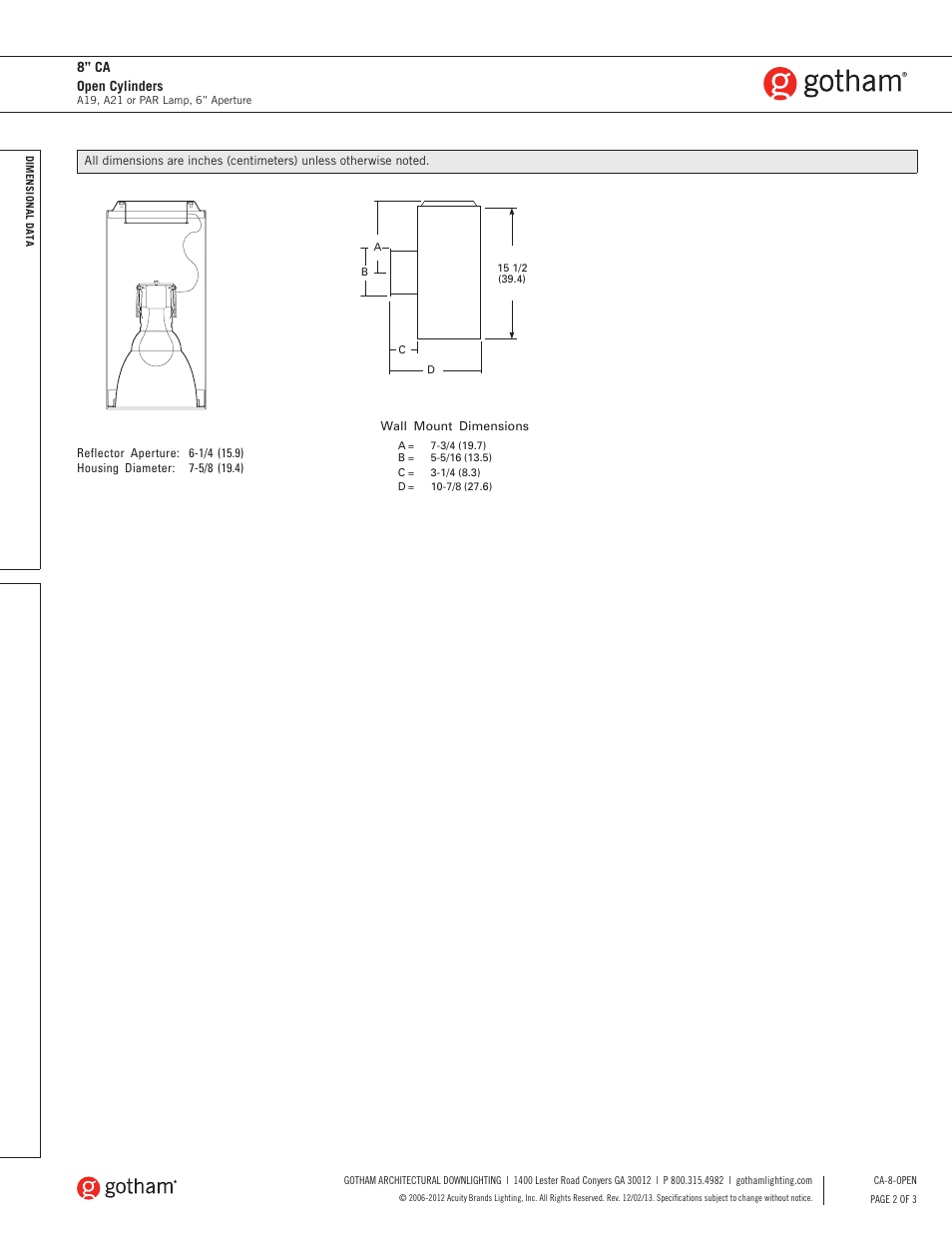 8” ca open cylinders | Gotham 8 CA Open Cylinders SpecSheet User Manual | Page 2 / 3